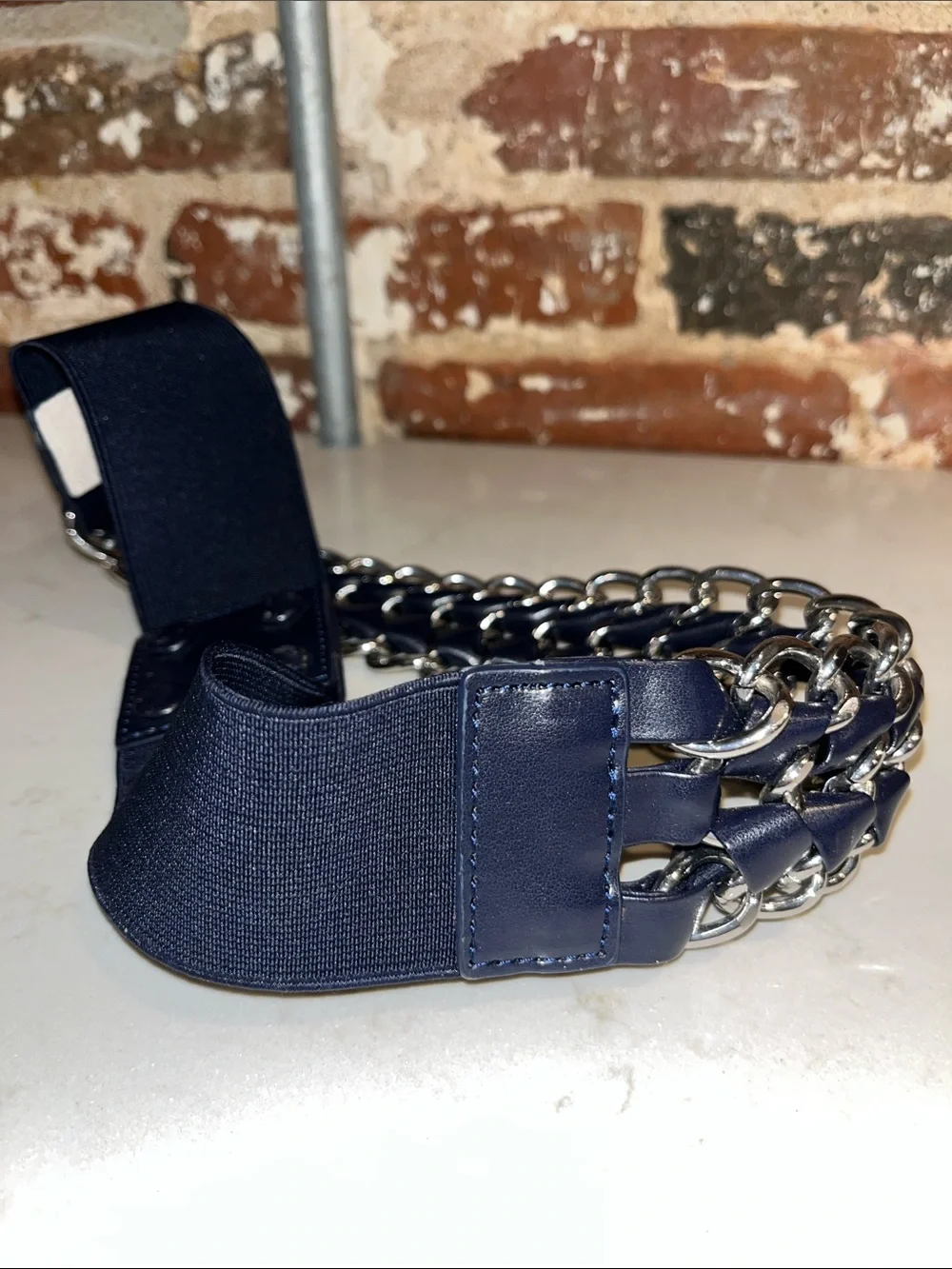 Women’s Navy Elastic Chain-Accent Belt